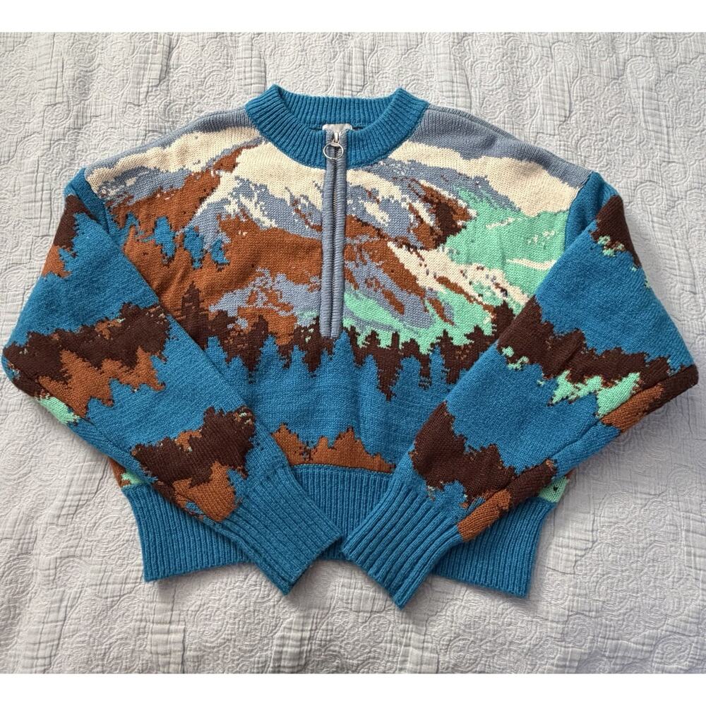 BDG Urban Outfitters Mountain Landscape Knit Sweater S Half Zip Cropped Montana - Picture 3 of 11